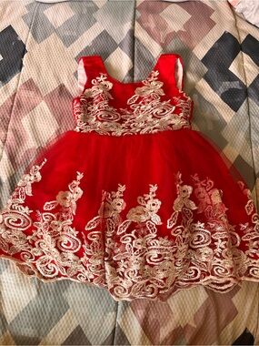 Red Girls' Formal Tulle Dress with Gold Embroidery